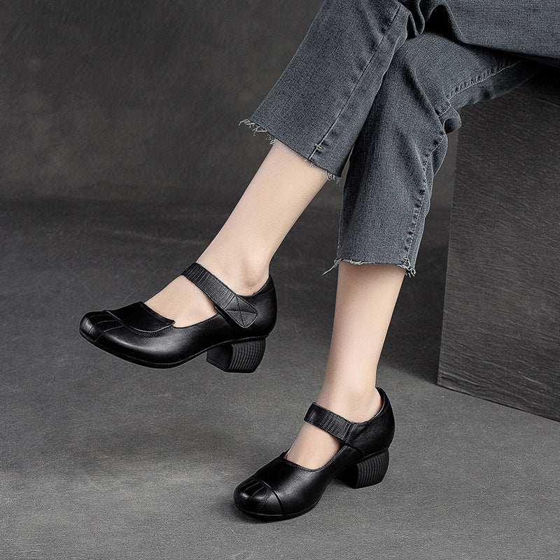 Women Retro Leather Velcro Chunky Heels Pumps Newgew Shoes