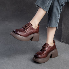 Women Retro Leather Chunky Heel Casual Loafers Newgew Shoes