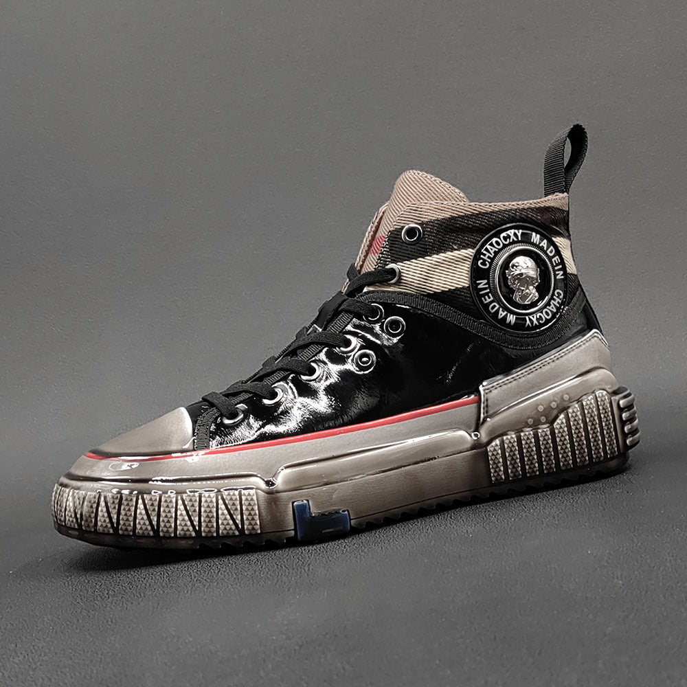 Men Stylish Glossy Leather Patchwork High Top Casual Shoes Newgew Shoes