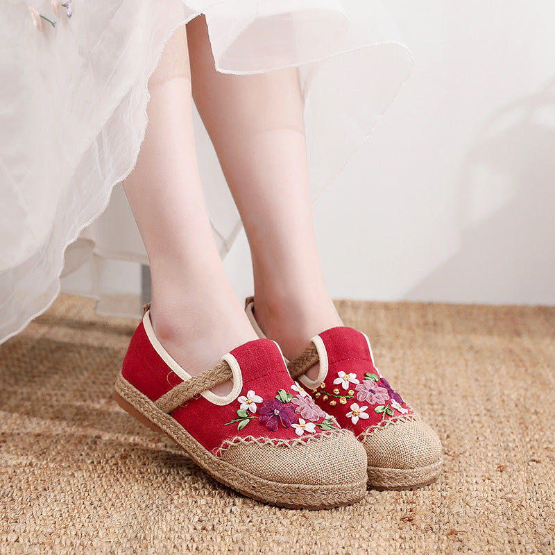 Women's Style Ribbon Embroidery Floral Pattern Ancient Canvas Shoes Newgew