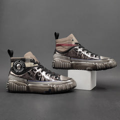 Men Stylish Glossy Leather Patchwork High Top Casual Shoes Newgew Shoes