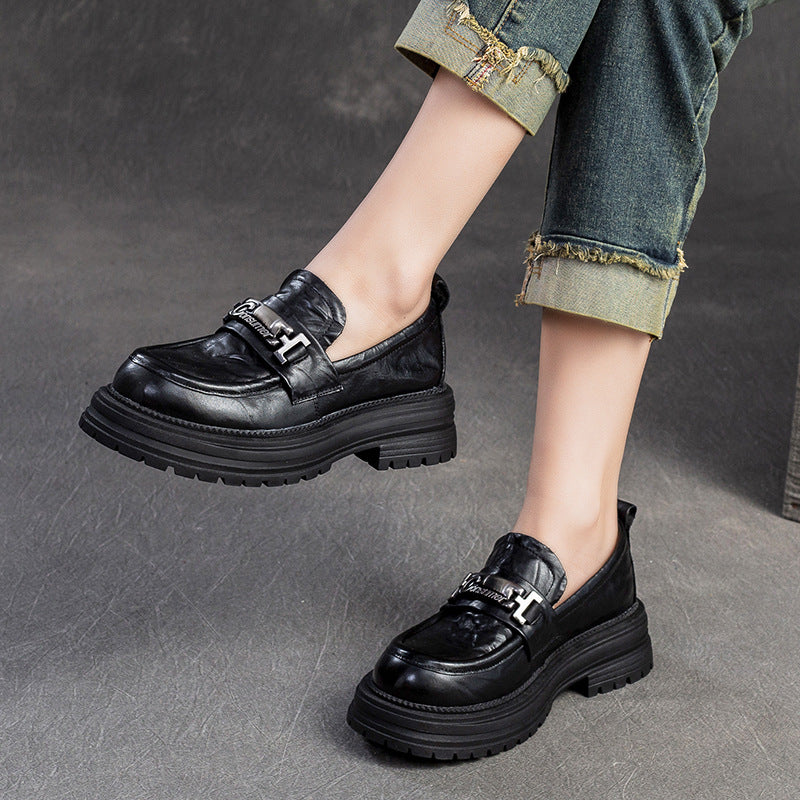 Women Retro Minimalist Leather Thick Soled Casual Loafers Newgew Shoes