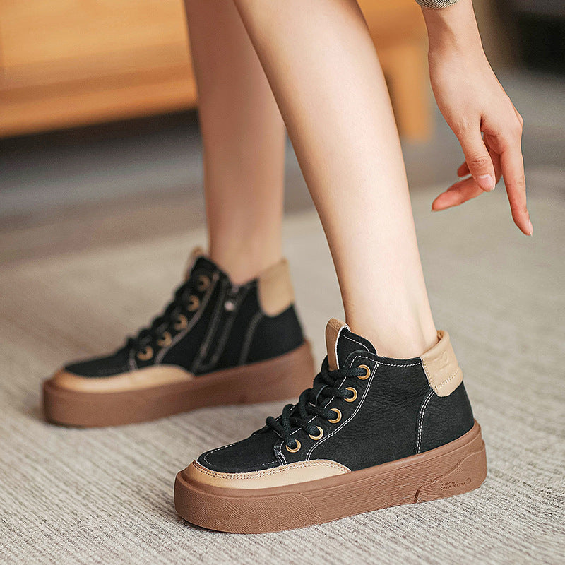 Women Retro Leather Patchwork Flat Ankle Boots Newgew Shoes