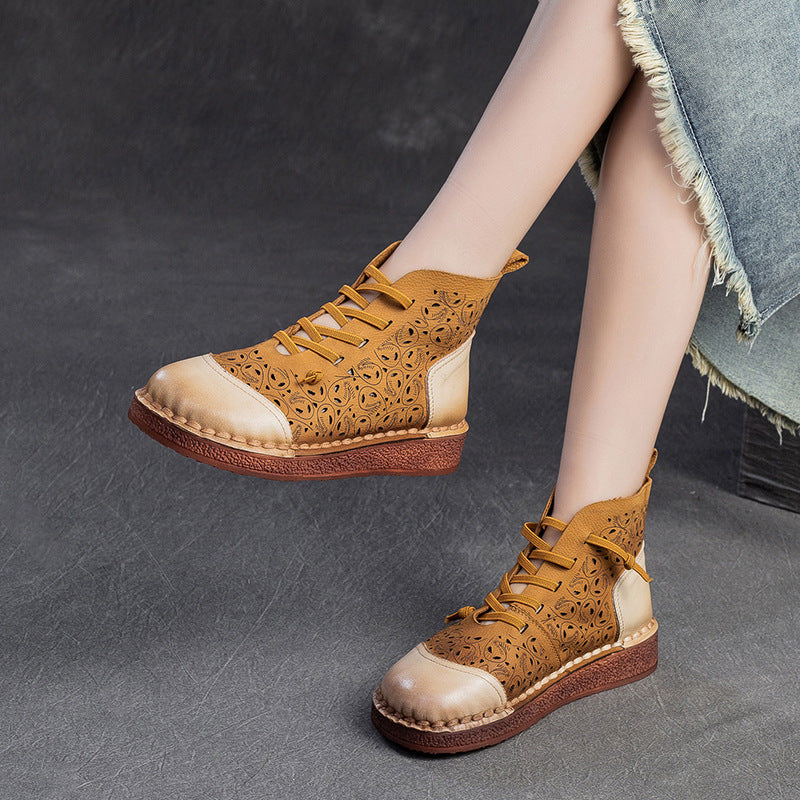 Women Hollow Soft Leather Flat Ankle Boots Newgew Shoes