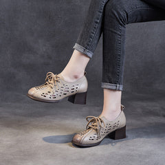 Women Hollow Leather Lace Up Summer Heel Casual Shoes Newgew Shoes