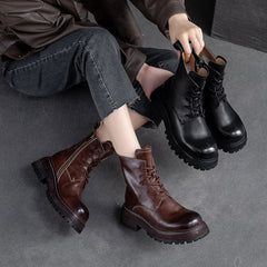 Women Classic Cowhide Patchwork Leather Combat Boots Newgew Shoes