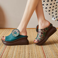 Women Retro Patchwork Cowhide Wedge Slides Newgew Shoes