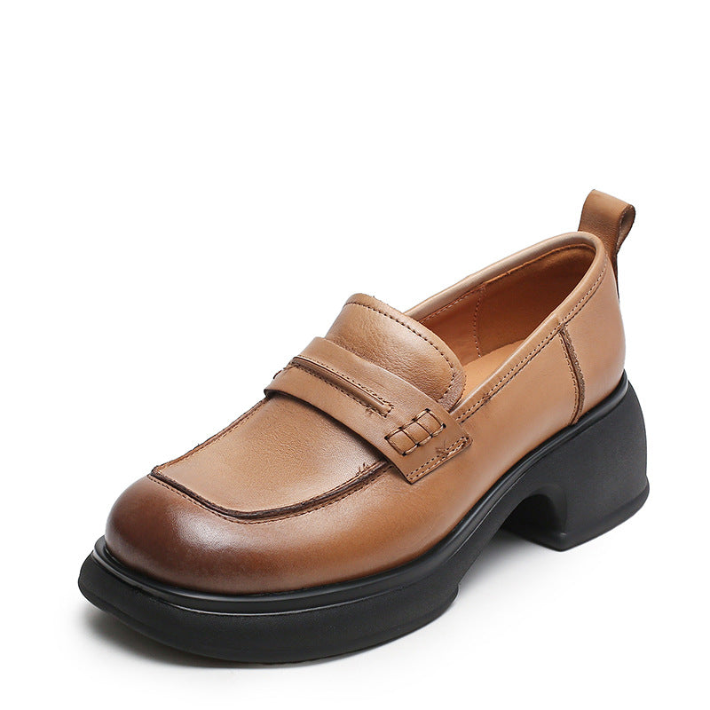 Women Retro Leather Square Head Thick Soled Loafers Newgew Shoes