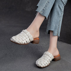 Women Handmade Plaited Leather Low Block Slides Sandals Newgew Shoes