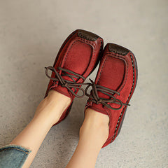 Women Retro Leather Square Head Low Wedge Shoes Newgew Shoes