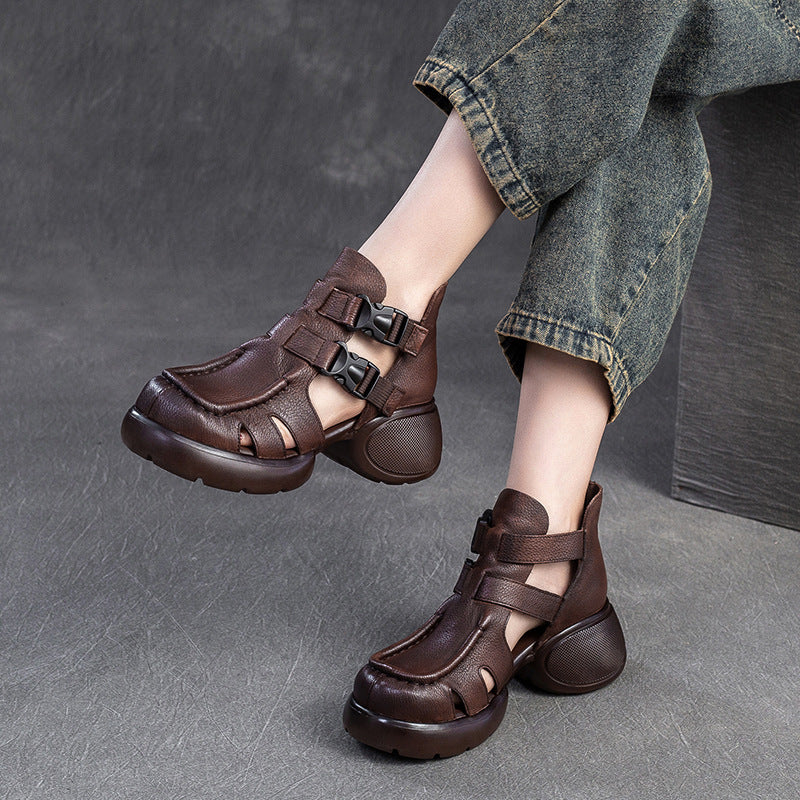 Women Retro Leather High Top Casual Sandals Newgew Shoes