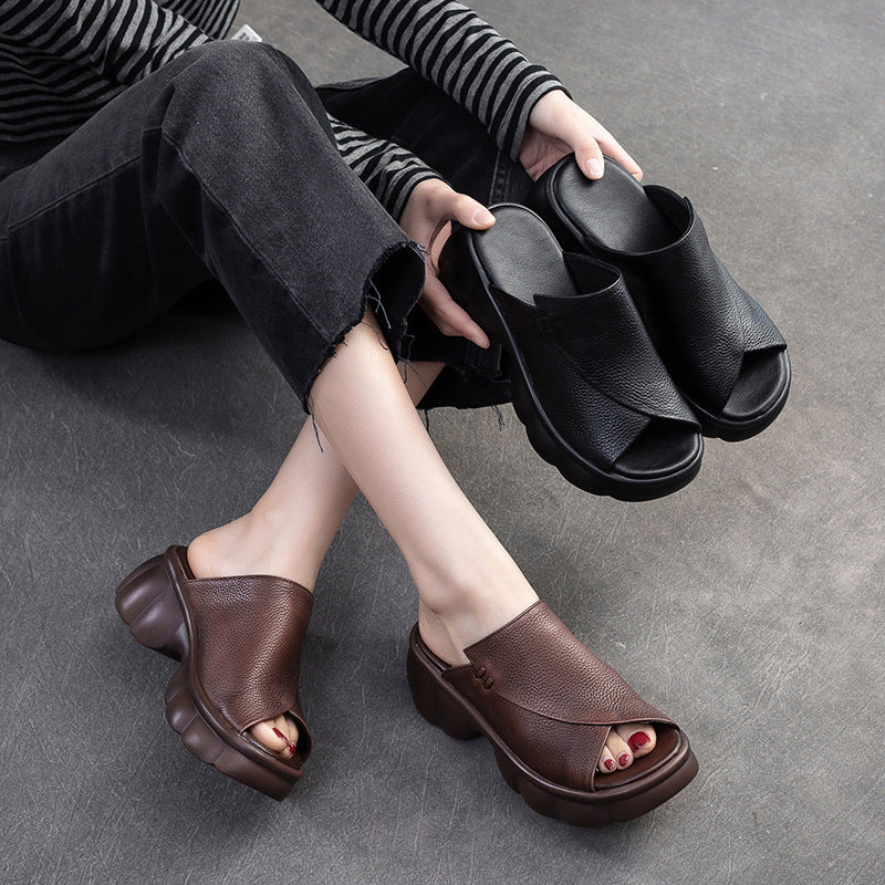 Women Minimalist Casual Leather Platform Slides Sandals Newgew Shoes