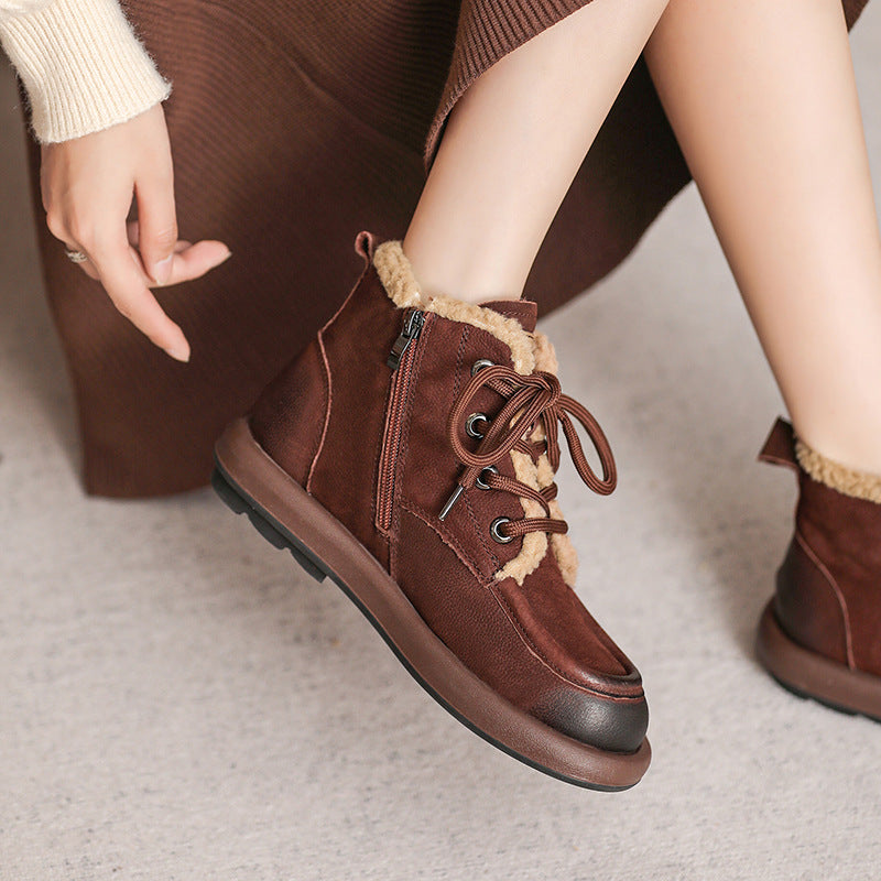 Women Retro Patchwork Leather Flat Winter Furred Boots Newgew Shoes