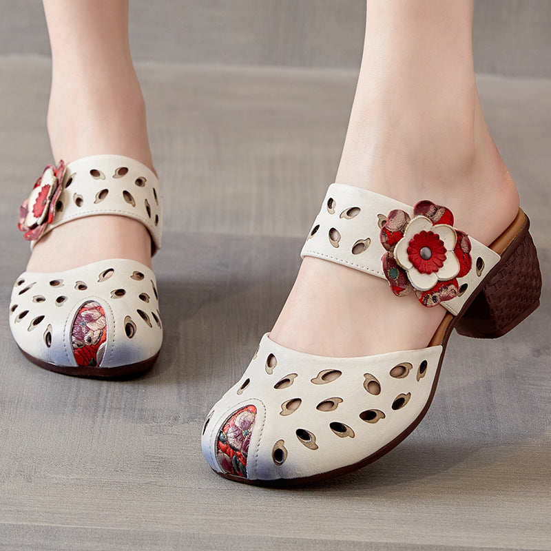 Women Hollow Leather Casual Summer Heel Slides Newgew Shoes