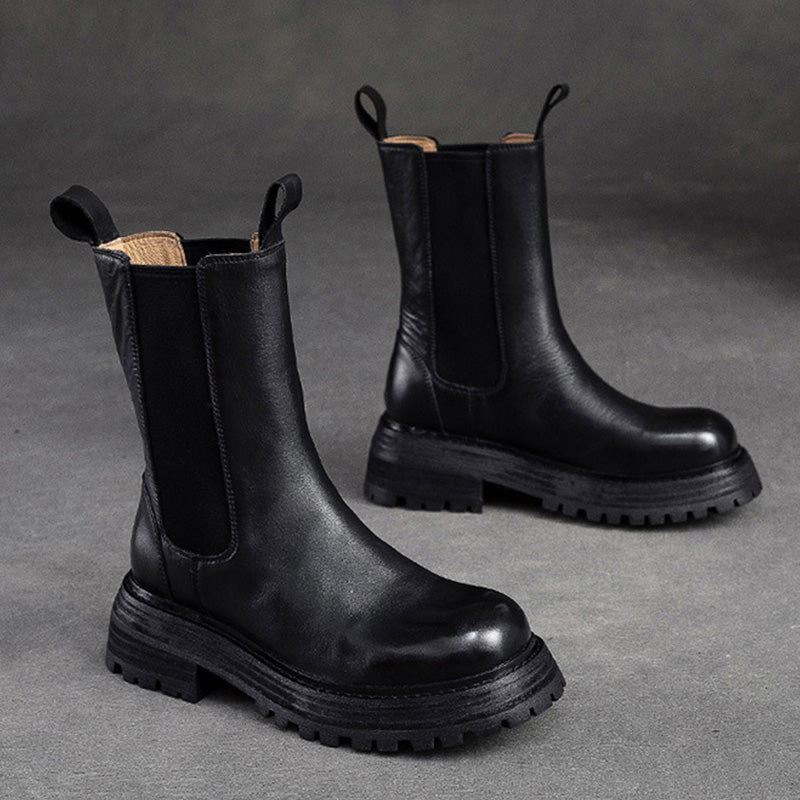 Women Retro Minimalist Leather Mid-Calf Boots Newgew Shoes