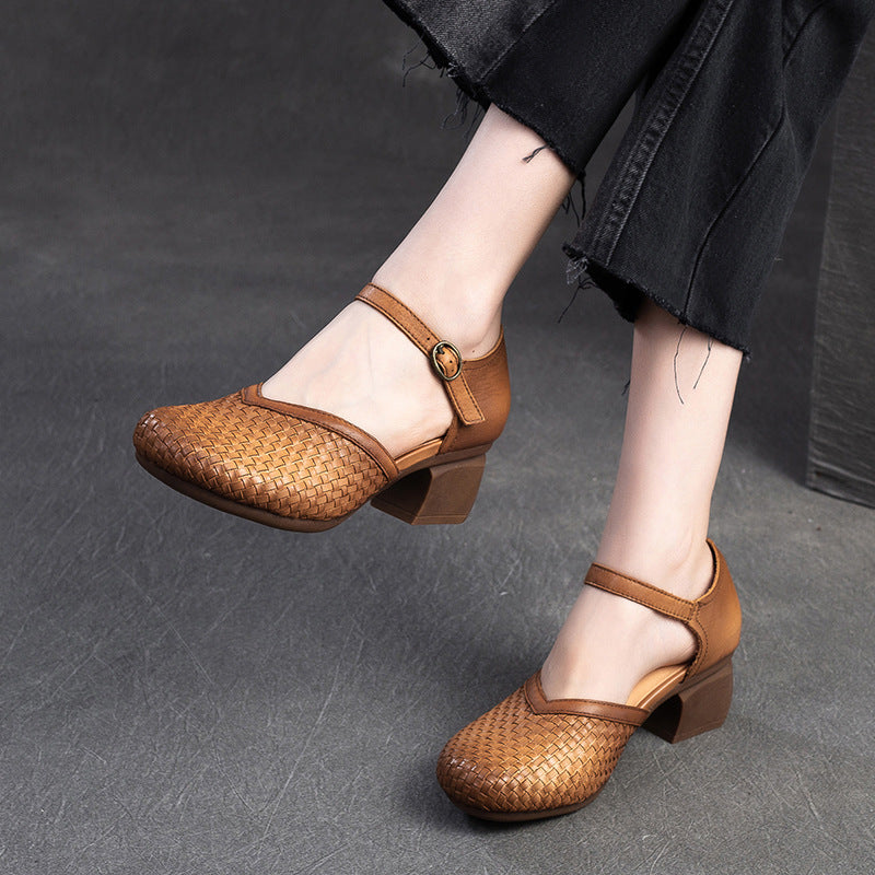 Women Fashion Plaited Leather Chunky Heel Casual Sandals Newgew Shoes