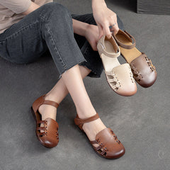 Women Retro Leather Velcro Hollow Casual Summer Sandals Newgew Shoes