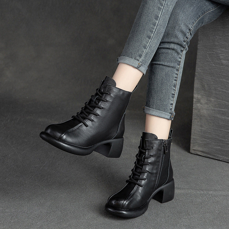 Women Retro Leather Chunky Heel Boots Newgew Shoes