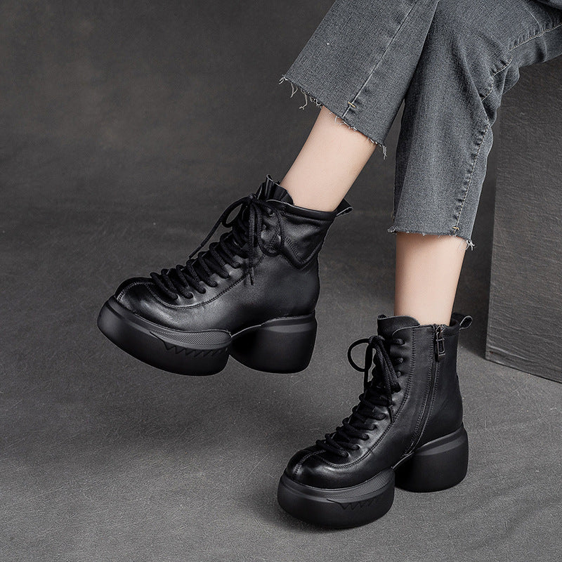 Women Retro Leather Casual Chunky Heel Boots Newgew Shoes