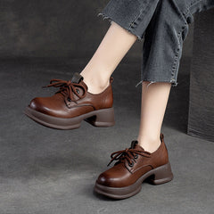 Women Retro Leather Chunky Platform Casual Shoes Newgew Shoes