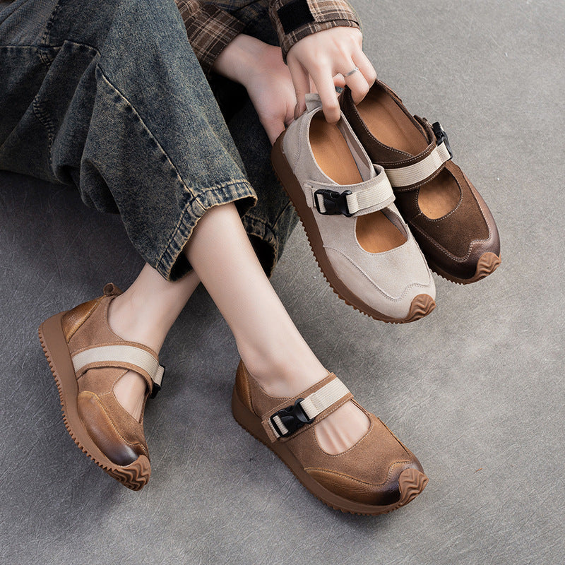Women Retro Patchwork Leather Flat Casual Shoes Newgew Shoes