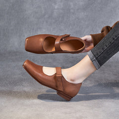 Women Retro Square Head Leather Casual Shoes Newgew Shoes