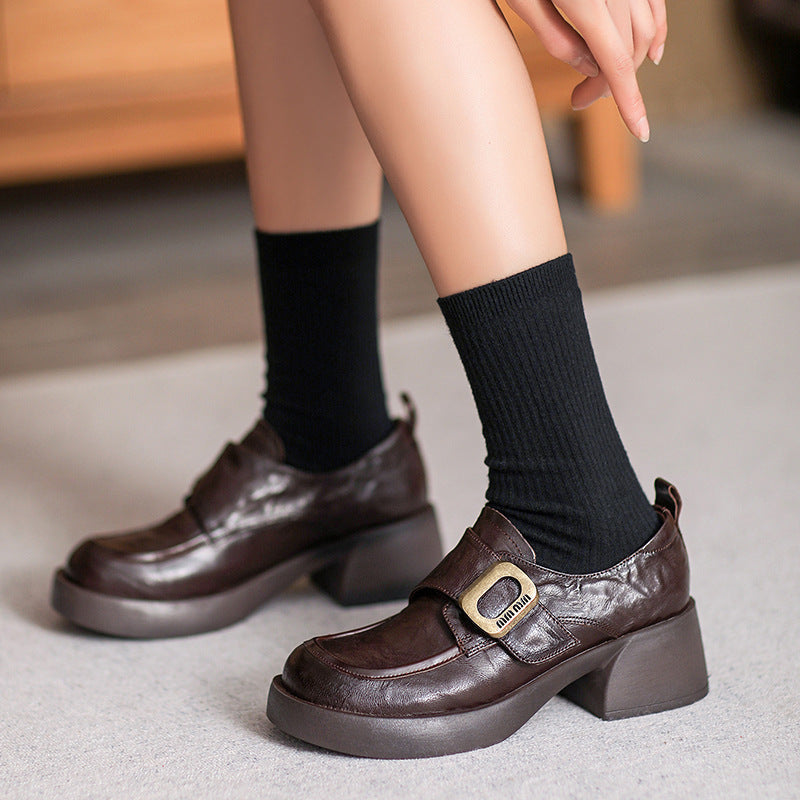 Women Retro Minimliast Leather Chunky Heel Loafers Newgew Shoes