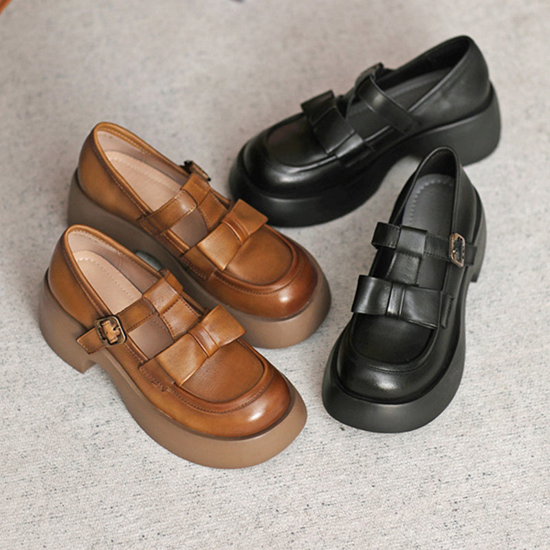 Women Retro Leather Solid Chunky Casual Shoes Newgew Shoes