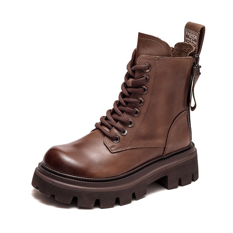 Women Retro Soft Leather Lug Sole Combat Boots Newgew Shoes