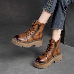 Women Retro Patchwork Leather Platform Boots Newgew Shoes