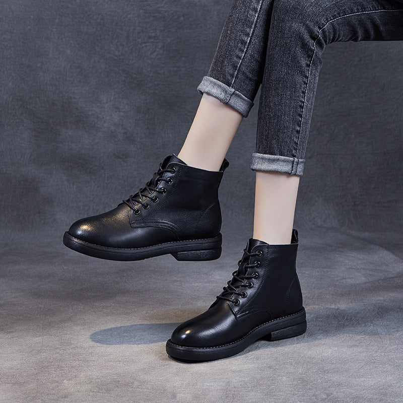 Women Solid Casual Leather Flat Boots Newgew Shoes