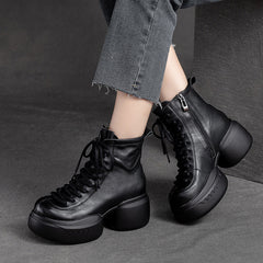 Women Retro Leather Casual Chunky Heel Boots Newgew Shoes