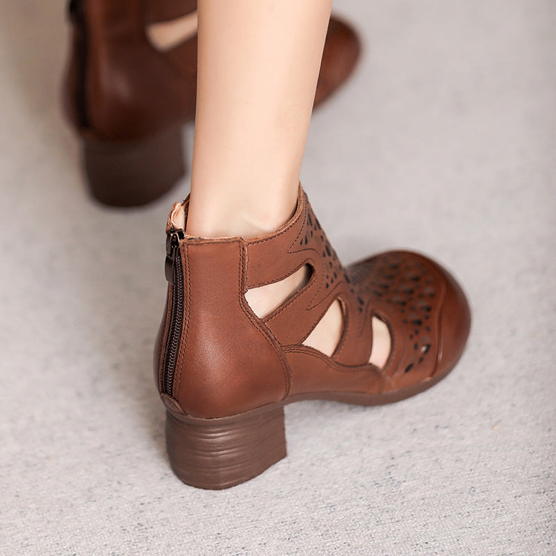 Women Retro Hollow Leather High Top Bootie Sandals Newgew Shoes