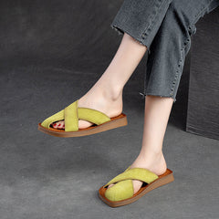 Women Retro Leather Flat Casual Slides Newgew Shoes