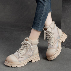 Women Casual Hollow Mesh Leather Lug Sole Boots Newgew Shoes