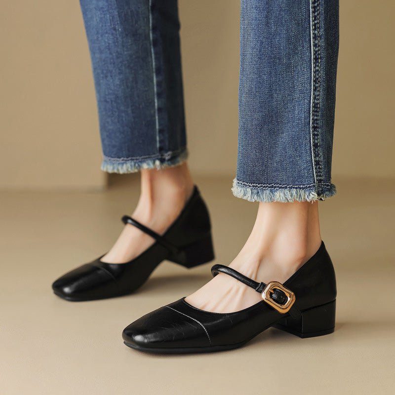 Women Minimalist Retro Leather Low Block Pumps Newgew Shoes