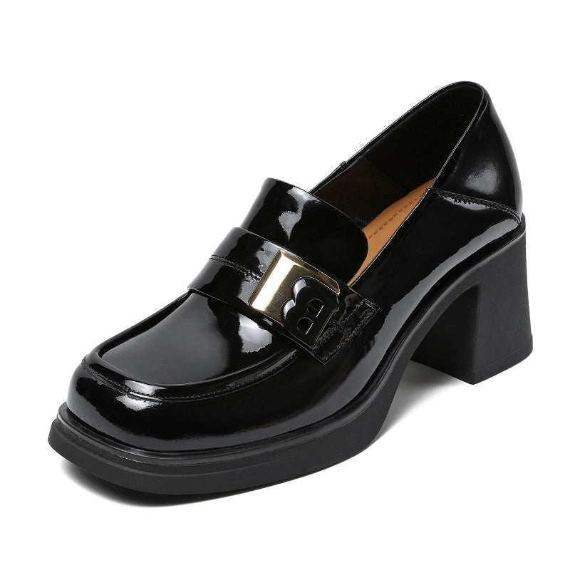 Women Casual Glossy Leather Chunky Heel Loafers Newgew Shoes