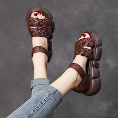 Women Retro Plaited Leather Casual Platform Sandals Newgew Shoes