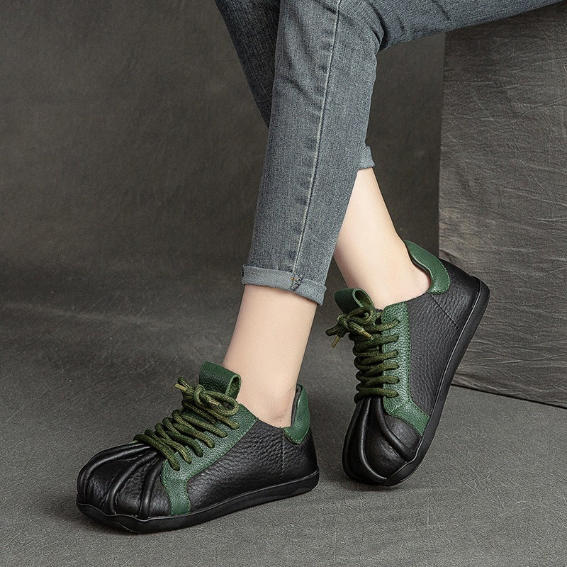 Women Retro Patchwork Leather Flat Casual Shoes Newgew Shoes