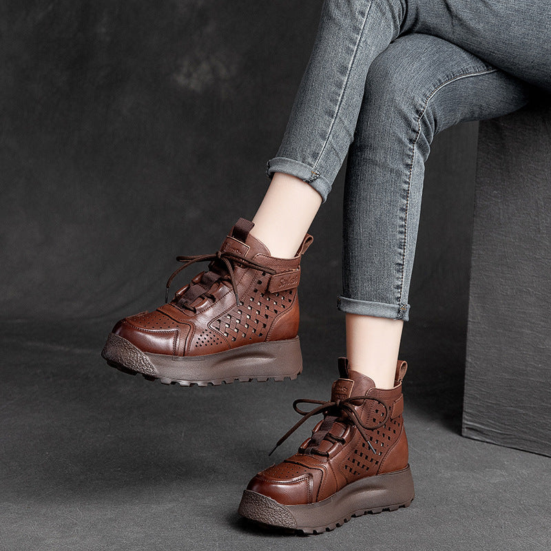 Women Retro Hollow Leather Lace Up Platform Boots Newgew Shoes