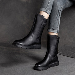 Women Solid Cowhide Casual Mid Calf Boots Newgew Shoes