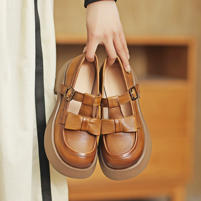 Women Retro Leather Solid Chunky Casual Shoes Newgew Shoes