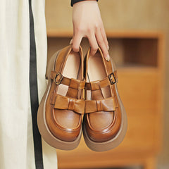 Women Retro Leather Solid Chunky Casual Shoes Newgew Shoes