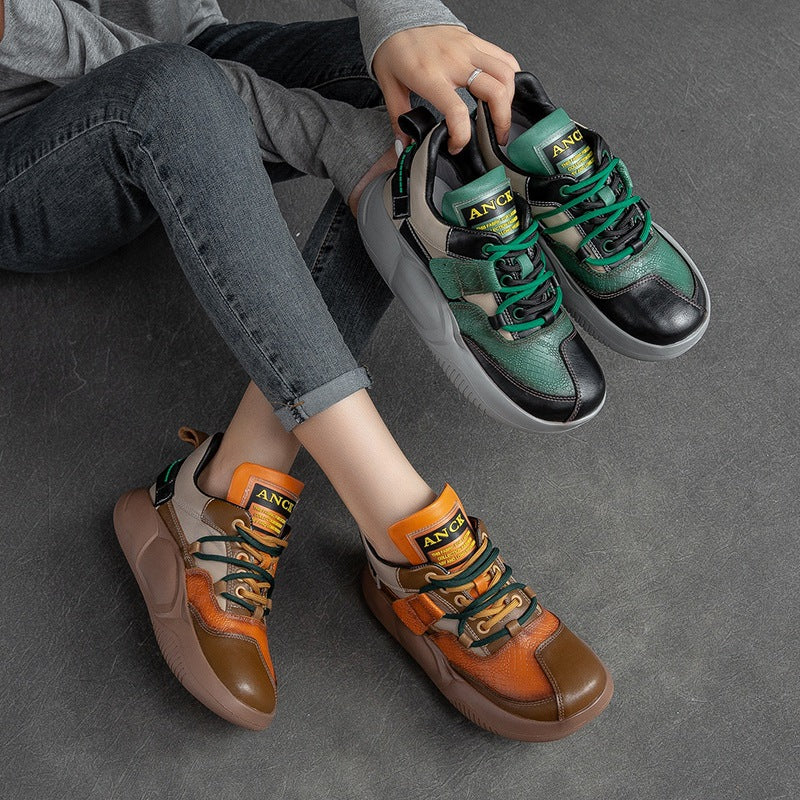 Women Casual Retro Patchwork Leather Sneakers Newgew Shoes