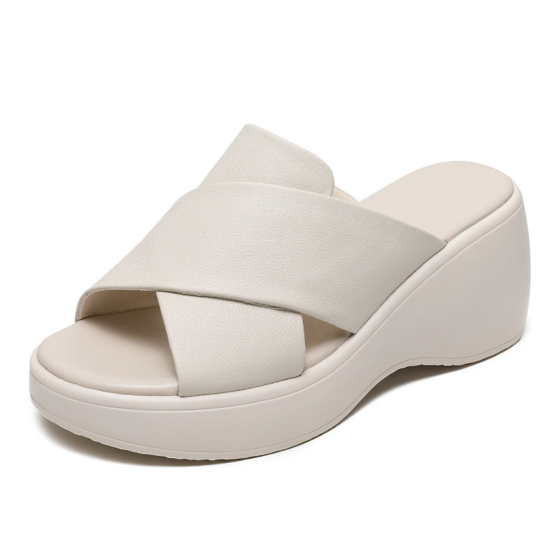 Women Minimalist Leather Chunky Wedge Slide Sandals Newgew Shoes