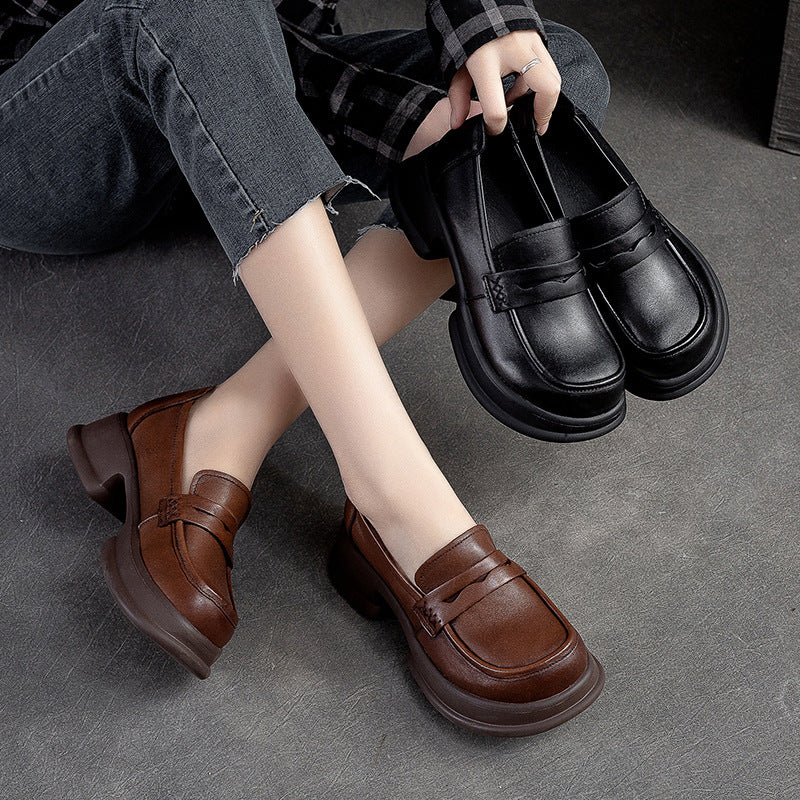 Women Retro Leather Casual Chunky Platform Loafers Newgew Shoes