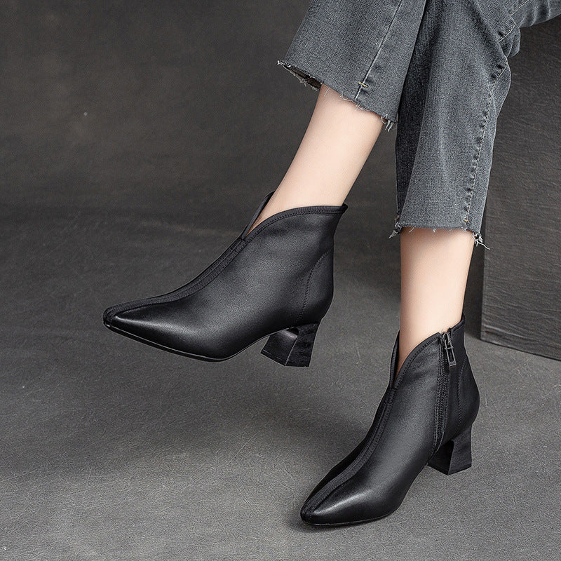 Women Retro Minimalist Leather Chunky Heel Boots Newgew Shoes