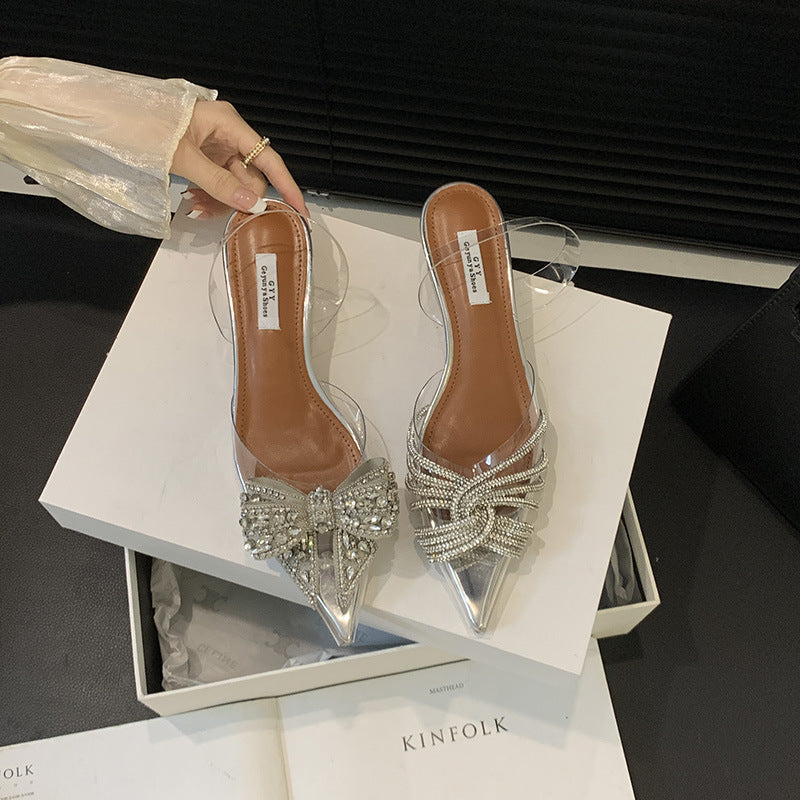 Pointed rhinestone thick heel transparent bow sandals NewGew