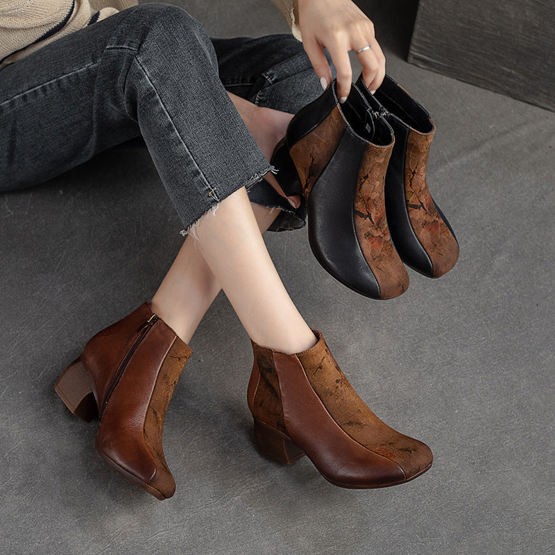 Women Retro Patchwork Fashion Chunky Heel Ankle Boots Newgew Shoes