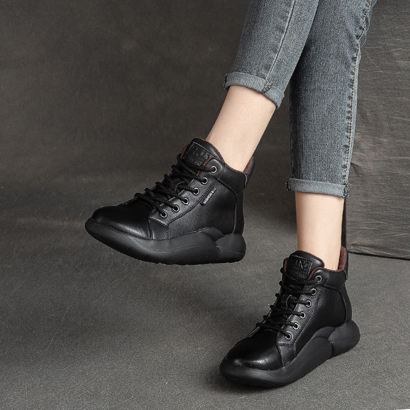 Women Lace-Up Casual Fashion Leather Flat Ankle Boots Newgew Shoes